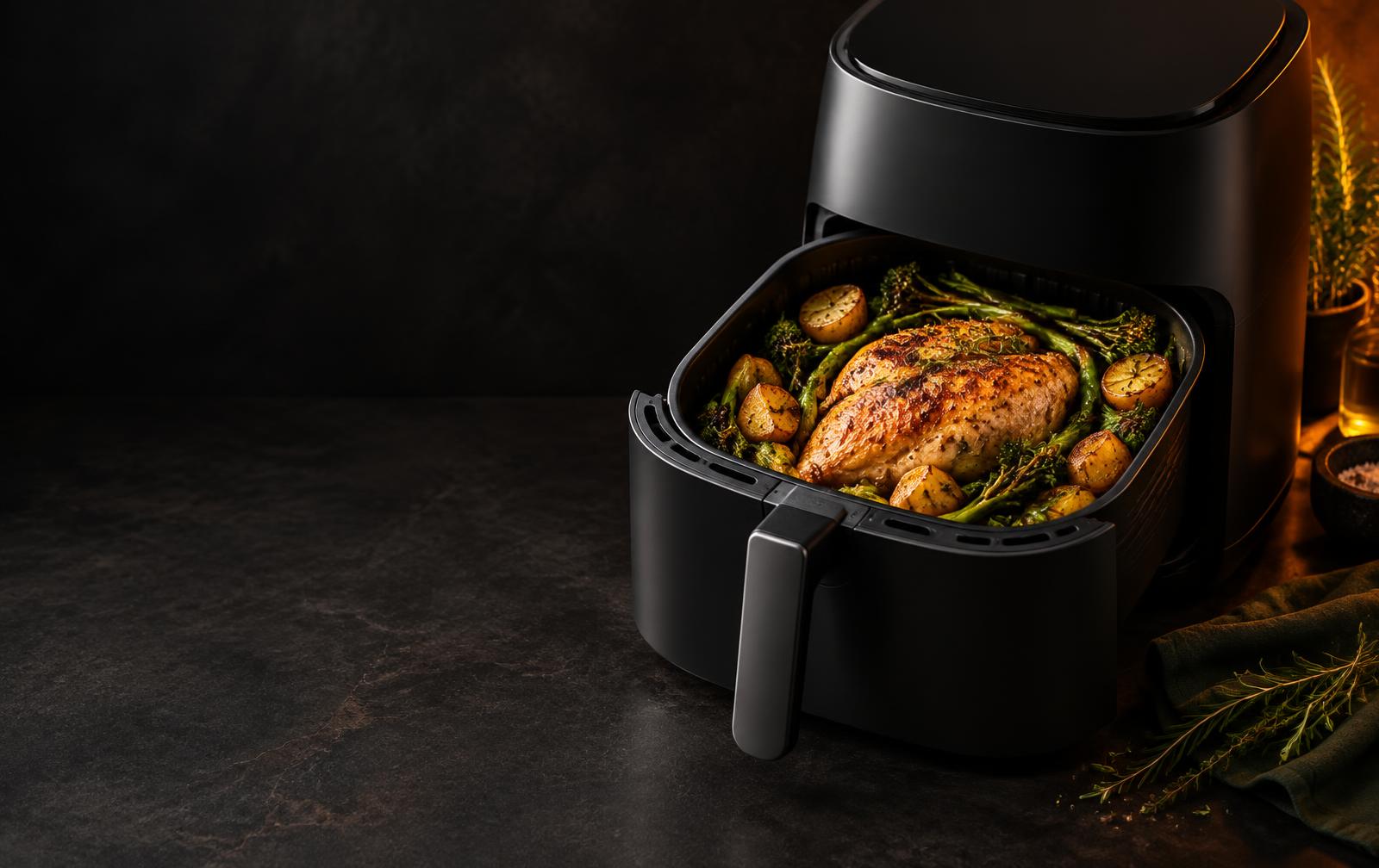 Air Fryer com frango dourado, batatas e legumes